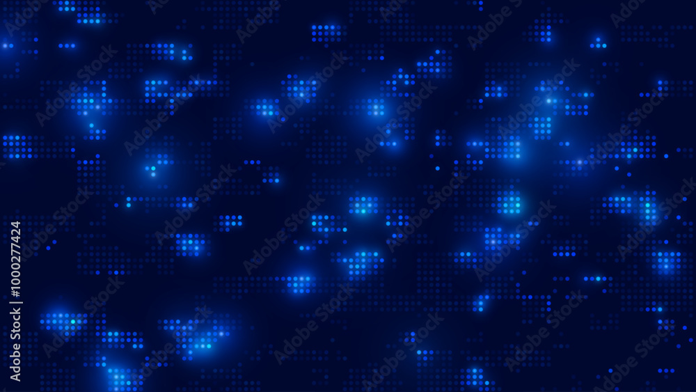 Abstract Technology Futuristic Digital Concept Pattern with Lighting Glowing Circles on Dark Blue Background. High Tech or Science Research Presentation Backdrop. Vector Illustration. Abstract Technology Futuristic Digital Concept Pattern with Lighting Glowing Circles on Dark Blue Background. High Tech or Science Research Presentation Backdrop. Vector Illustration.