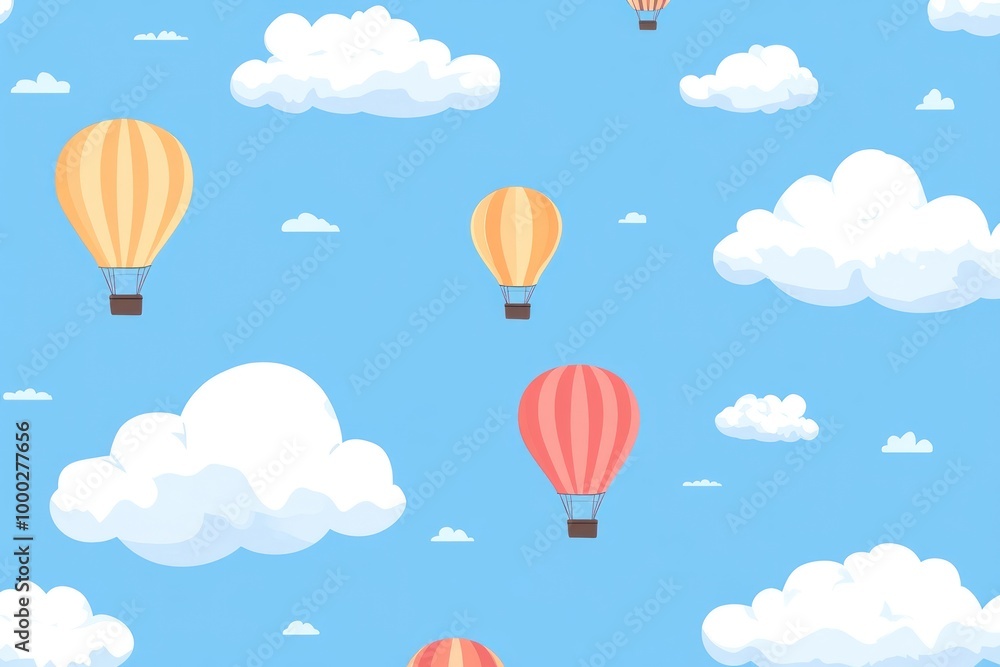 Fototapeta premium Colorful Hot Air Balloons Soaring Through a Blue Sky with Fluffy Clouds