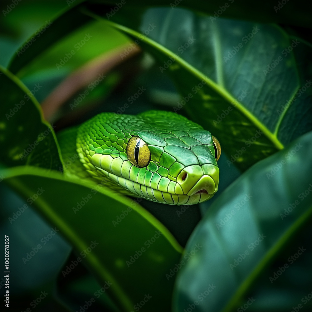 Green snake hiding among leaves in tropical foliage Green snake hiding among leaves in tropical foliage