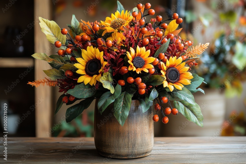 custom made wallpaper toronto digitalAutumn Floral Arrangement with Sunflowers and Berries in Rustic Vase Image