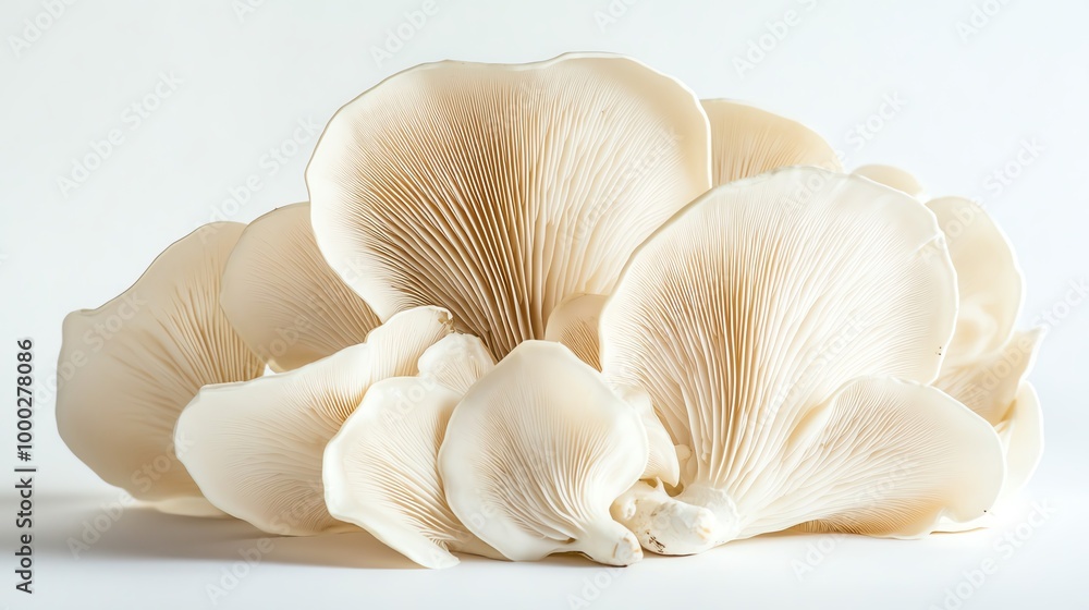 A cluster of fresh, edible oyster mushrooms neatly arranged on a white background, showing their delicate gills and smooth caps Copy space for culinary descriptions A cluster of fresh, edible oyster mushrooms neatly arranged on a white background, showing their delicate gills and smooth caps Copy space for culinary descriptions