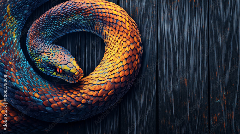 Fototapeta premium Vibrant orange and blue snake coiled on textured wooden surface