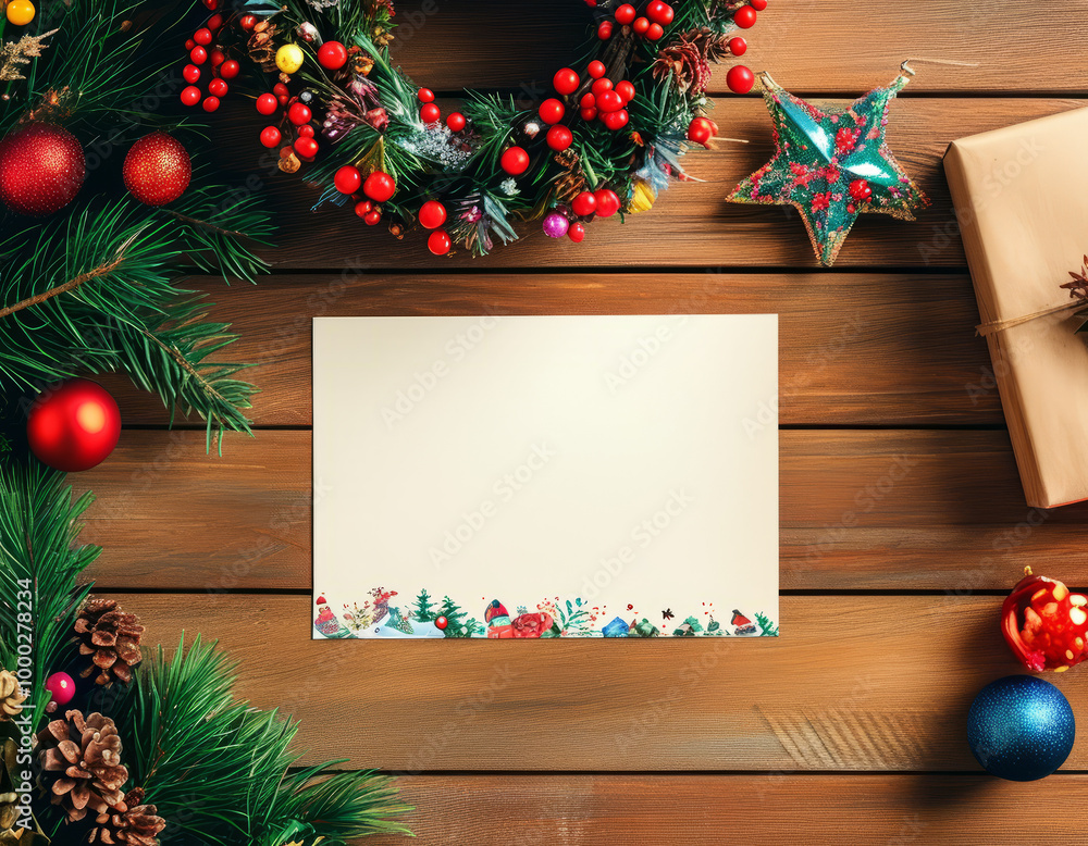 Fototapeta premium Holiday Card with Natural Greenery and Ornaments. Blank Christmas Card Display with Pinecones. Holiday Stationery with Festive Ornaments. Copy space