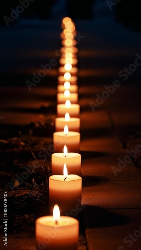 Line of Lit Candles for Memorial Vigil at Night