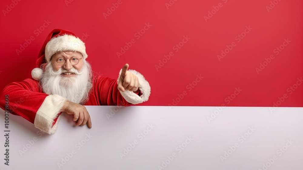 A man in a Santa Claus costume is pointing at a blank white board A man in a Santa Claus costume is pointing at a blank white board