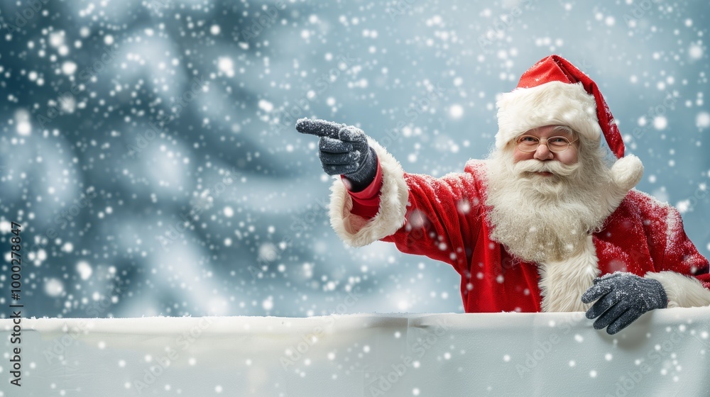 A man in a Santa Claus costume is pointing at a blank white board A man in a Santa Claus costume is pointing at a blank white board