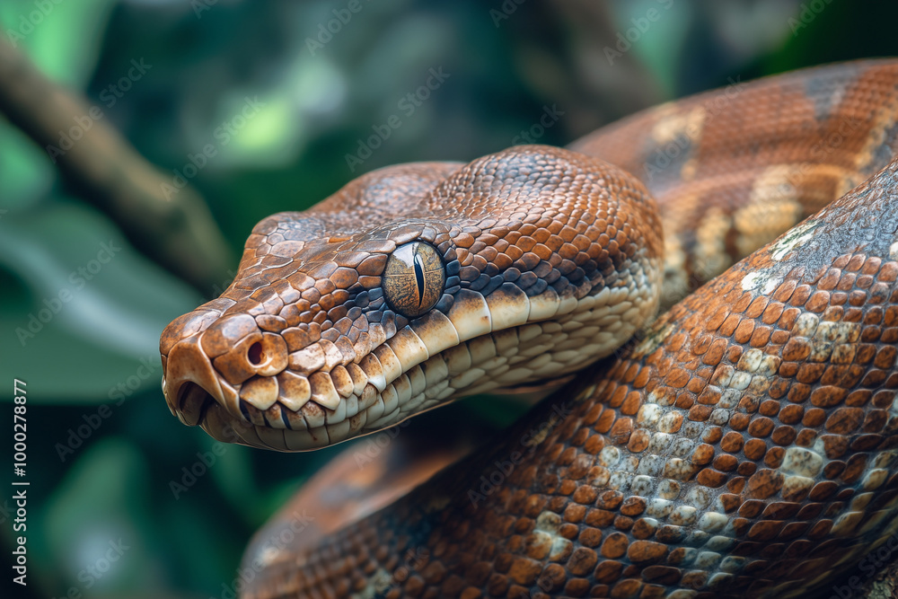 Fototapeta premium Close-Up of Brown Snake Coiled on a Branch in Tropical Jungle
