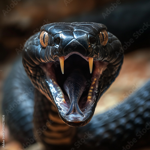 Black Snake with Fangs Exposed in a Fierce Attack Pose photo