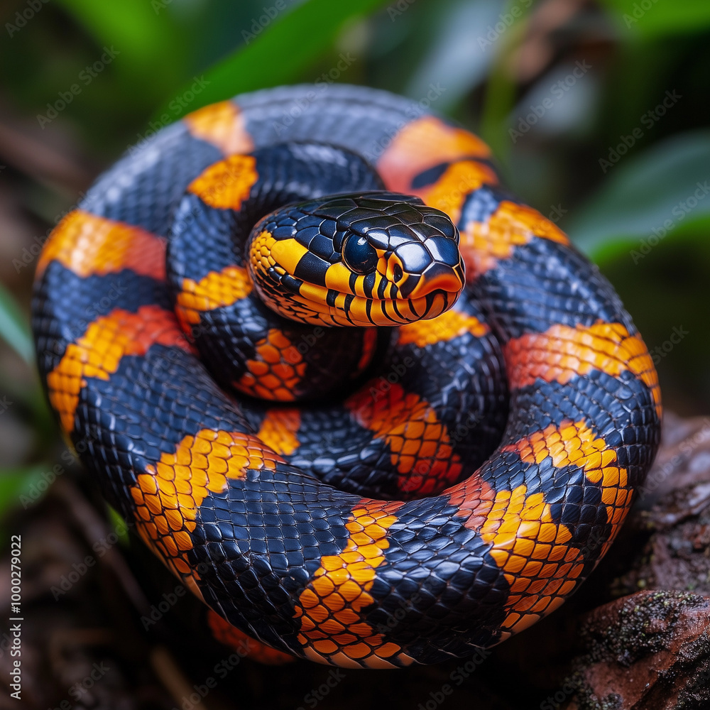 Vibrant Black and Orange Snake Coiled in Tropical Habitat Vibrant Black and Orange Snake Coiled in Tropical Habitat