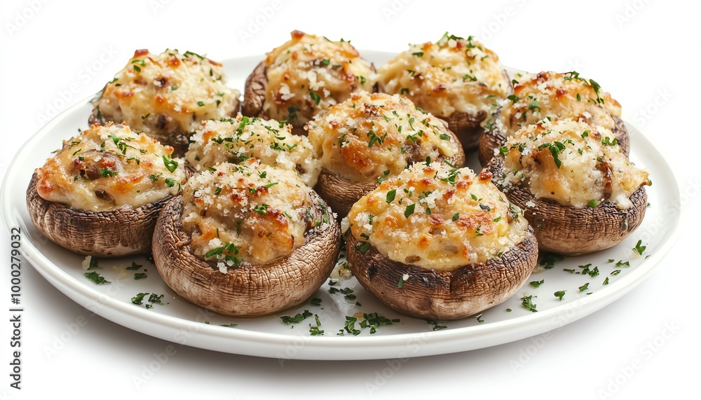 A plate of baked stuffed mushrooms filled with cheese, garlic, and herbs, displayed on a clean white background Perfect for appetizer or party recipe content A plate of baked stuffed mushrooms filled with cheese, garlic, and herbs, displayed on a clean white background Perfect for appetizer or party recipe content