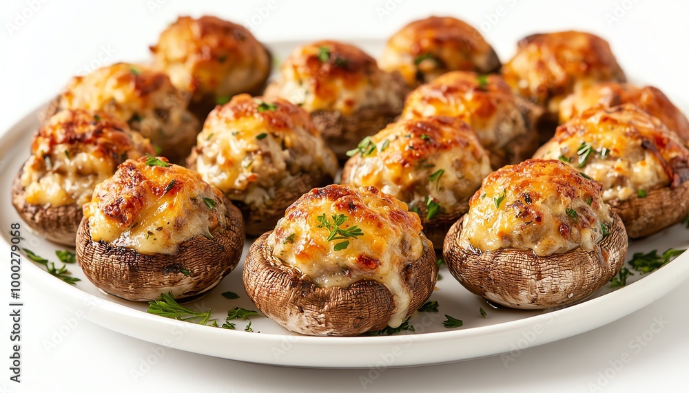 A plate of baked stuffed mushrooms filled with cheese, garlic, and herbs, displayed on a clean white background Perfect for appetizer or party recipe content A plate of baked stuffed mushrooms filled with cheese, garlic, and herbs, displayed on a clean white background Perfect for appetizer or party recipe content