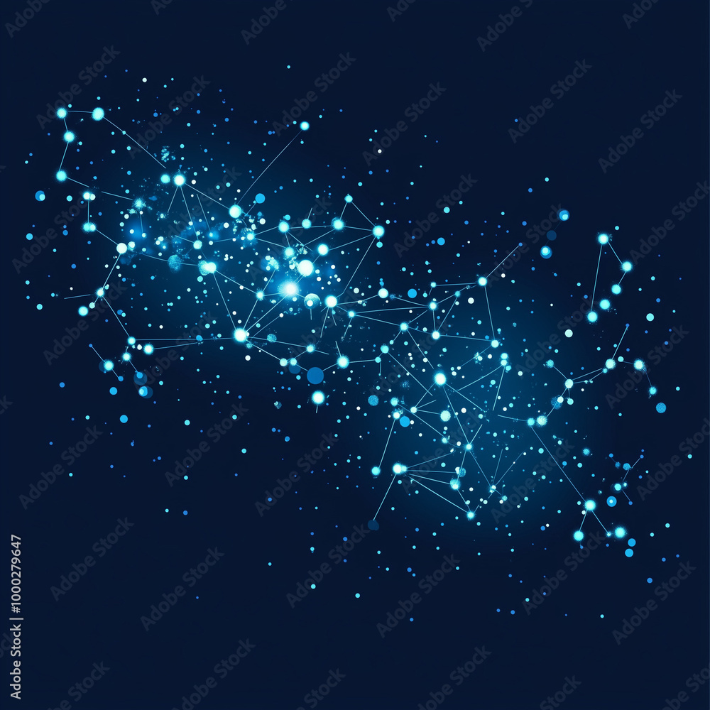 Fototapeta premium Glowing Blue Digital Network with Connected Nodes and Stardust in Dark Background