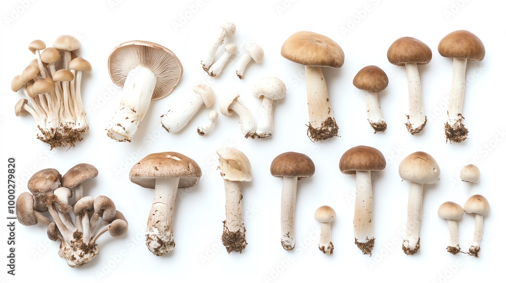 Assorted beech mushrooms with their tiny, smooth caps and long stems placed on a white background, ideal for stirfry or soup recipe visuals Assorted beech mushrooms with their tiny, smooth caps and long stems placed on a white background, ideal for stirfry or soup recipe visuals