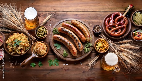 Delightful Oktoberfest spread featuring bratwurst, fresh beer, and side dishes celebrating traditional flavors and festive gatherings in fall. Generative AI photo