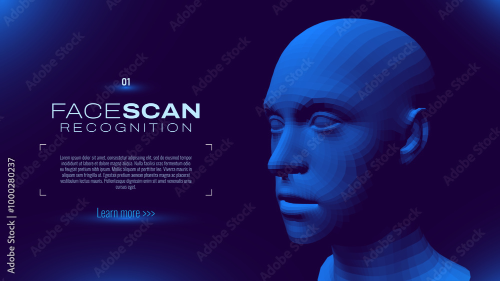Obraz premium Face ID Scan Recognition AI. Artificial Intelligence Concept. Abstract Digital Particles Human Face. Robotics Concept. Wireframe Head Science Fiction Concept. Vector Illustration. Deep Learning Art.