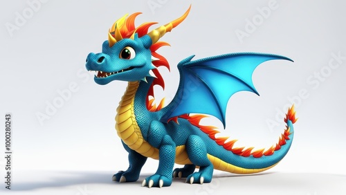 A colorful, cartoon-style dragon with blue scales and vibrant wings.