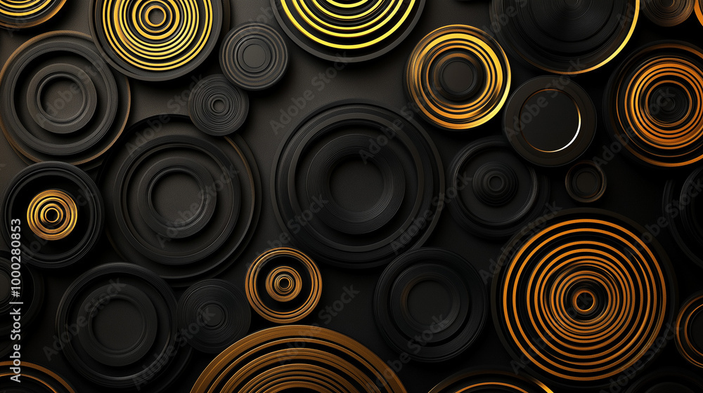 Dynamic abstract concentric circles in black and gold tones, overlapping shapes, modern artistic geometric pattern, hypnotic symmetric design, representing abstract art concept Dynamic abstract concentric circles in black and gold tones, overlapping shapes, modern artistic geometric pattern, hypnotic symmetric design, representing abstract art concept
