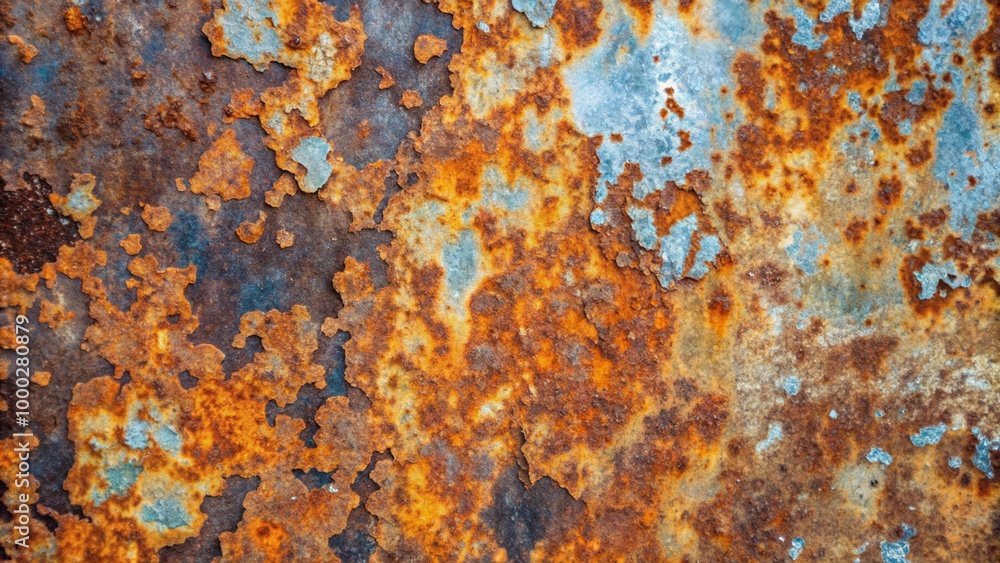 Close-up of rusty metal surface with various shades of brown, orange, and blue.