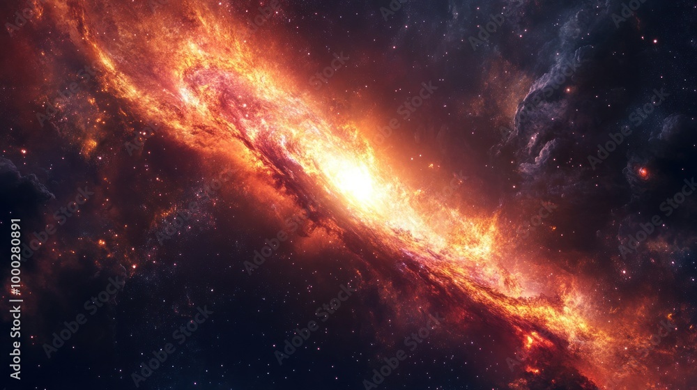 A fiery cosmic nebula with swirling gas and dust, illuminating the vast darkness of space with brilliant reds, oranges, and yellows. A fiery cosmic nebula with swirling gas and dust, illuminating the vast darkness of space with brilliant reds, oranges, and yellows.
