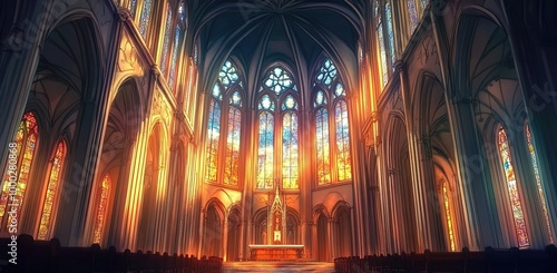 A gothic cathedral interior, tall stained glass windows light the room with warm colors 