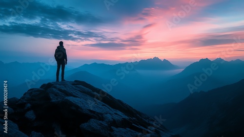 Person standing on a mountaintop at dawn, ready to face new challenges