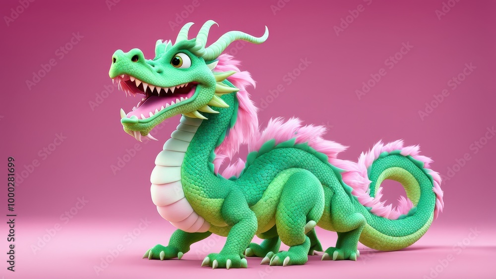 Fototapeta premium A colorful, cartoonish dragon with pink features and a playful expression against a pink background.