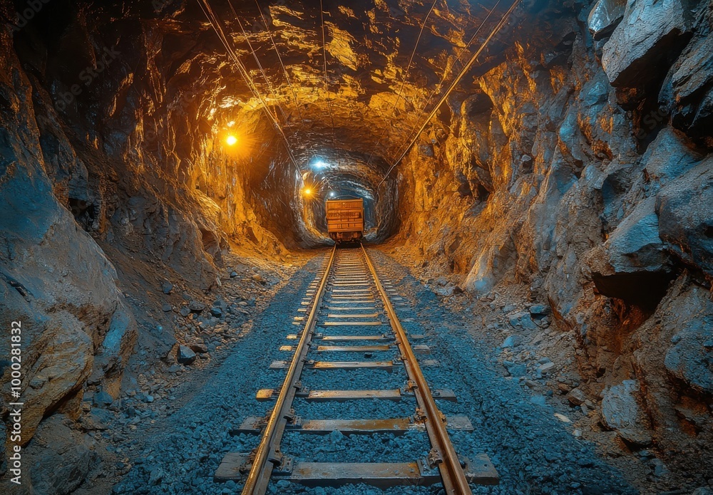 Naklejka premium Old coal mining site with excavated tunnel and coal cars on tracks