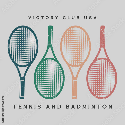 Victory Tennis Club vintage tee print, athletic apparel design shirt graphic print. Vintage artwork for sportswear. Tennis club vector t-shirt design. Retro varsity tennis logos prints.