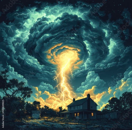 A colorful tornado with lightning descends upon a house, showcasing the chaos of extreme weather in a cartoonish illustration photo