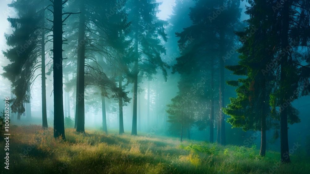 Obraz premium Enchanting misty forest scene at dawn, where tall pine trees tower over a carpet of lush green grass. Soft sunlight filters through the fog, creating a magical atmosphere that invites exploration