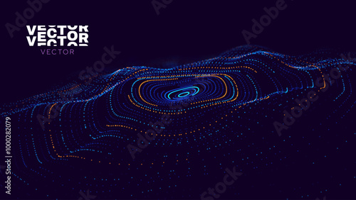 Digital Wave Circle Audio Lines Grid Big Data Background. Spreading Sound Waves Circles. Visual Data. Futuristic Circular Sound Wave. Big Data Visualization. 3D Virtual Space VR Cyberspace. Vector.