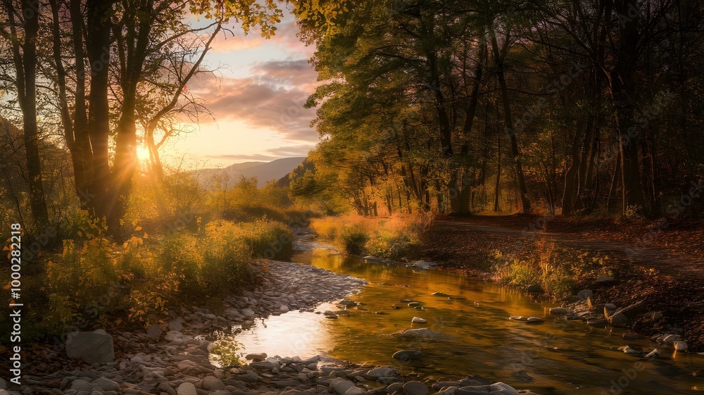 A peaceful autumn scene unfolds as golden sunlight filters through the trees, illuminating a tranquil stream winding through a vibrant forest. This enchanting landscape, adorned with colorful foliage A peaceful autumn scene unfolds as golden sunlight filters through the trees, illuminating a tranquil stream winding through a vibrant forest. This enchanting landscape, adorned with colorful foliage