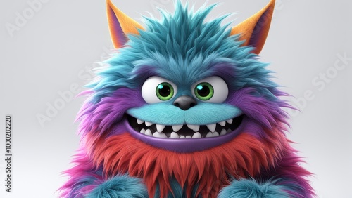 A colorful, fluffy monster character with big eyes and a wide smile, exuding a playful vibe.