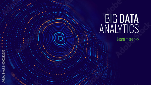 Big Data Visualization. Circular Particles With Trails Vortex. Futuristic Science or Finance Infographic Design. Complex Visual Data Background. Abstract Data Flowing. Vector Illustration.