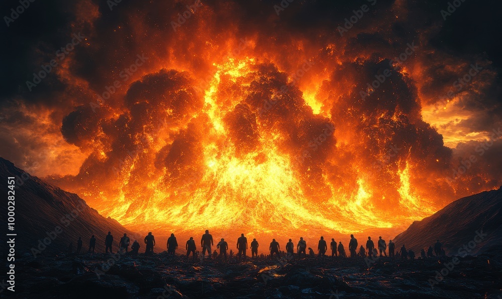 Crowd gathers to witness a dramatic lava explosion from an Icelandic volcano under a dark sky Crowd gathers to witness a dramatic lava explosion from an Icelandic volcano under a dark sky