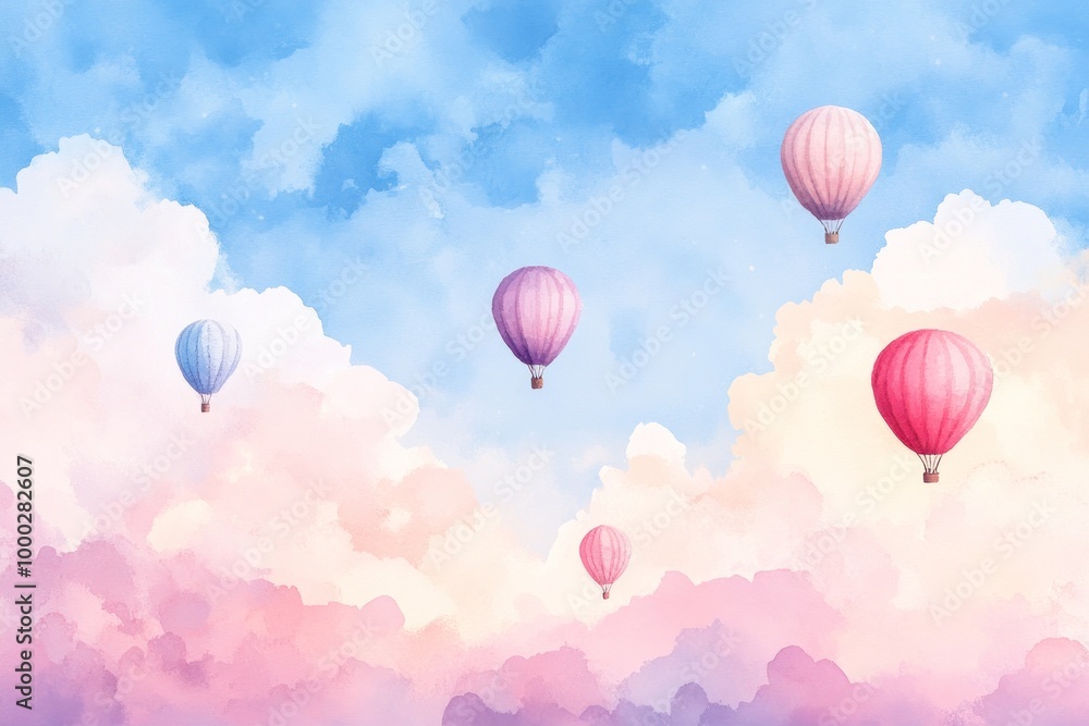 Naklejka premium Watercolor Painting of Hot Air Balloons Soaring in a Dreamy Sky