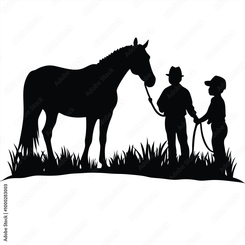 a black silhouette of a man and a child standing in a field with a horse. The man is holding the reins of the horse and the child is standing next to him a black silhouette of a man and a child standing in a field with a horse. The man is holding the reins of the horse and the child is standing next to him
