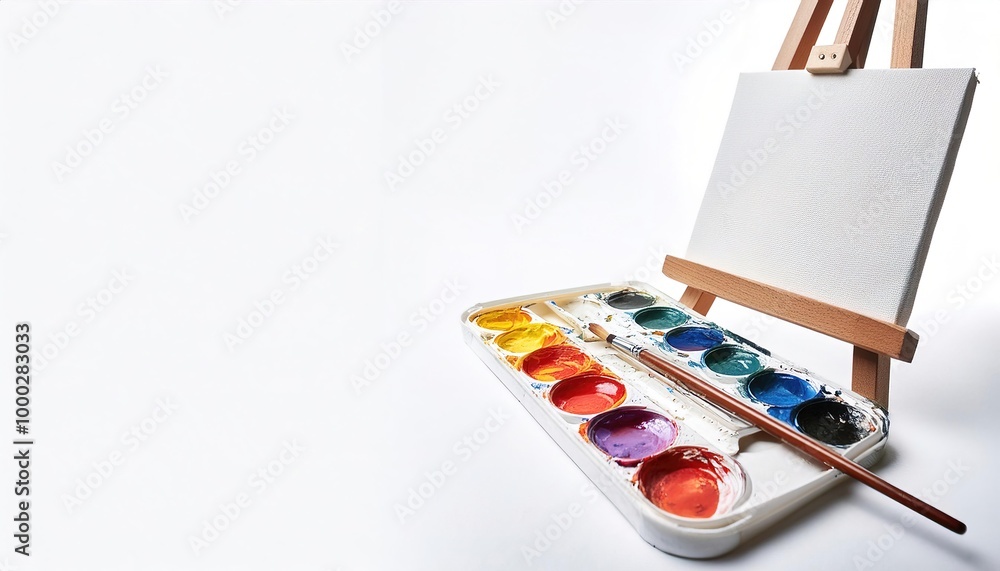 artist art paint setup with oil color paints, brush, canvas and easel. Isolated on white background with copy space. Tools of the artist. Brushes, wooden easel tripod, palette artist art paint setup with oil color paints, brush, canvas and easel. Isolated on white background with copy space. Tools of the artist. Brushes, wooden easel tripod, palette
