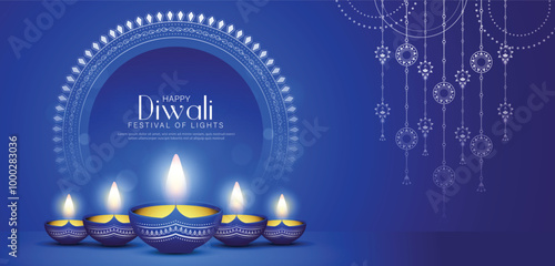 Happy Diwali - festival of lights colorful banner template design with decorative diya lamp.