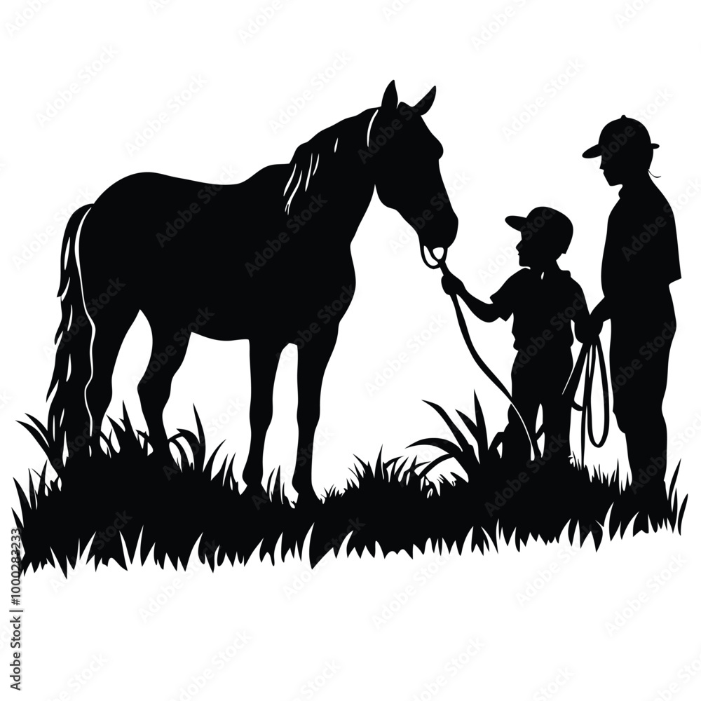 a black silhouette of a man and a child standing in a field with a horse. The man is holding the reins of the horse and the child is standing next to him a black silhouette of a man and a child standing in a field with a horse. The man is holding the reins of the horse and the child is standing next to him