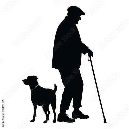 a black silhouette of an elderly man walking his dog. The man is wearing a cap and a jacket, and is holding a cane in his right hand