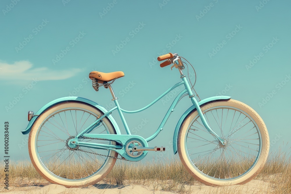 Fototapeta premium Blue bicycle parked on the sand by the beach