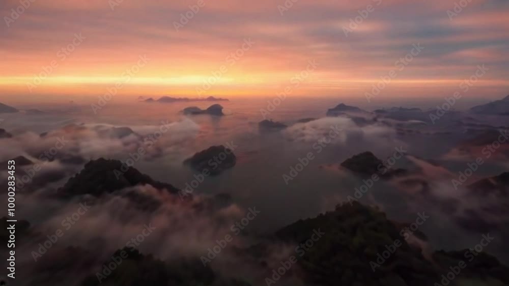 Aerial view of a misty landscape with mountains and clouds during a colorful sunset. Aerial view of a misty landscape with mountains and clouds during a colorful sunset.