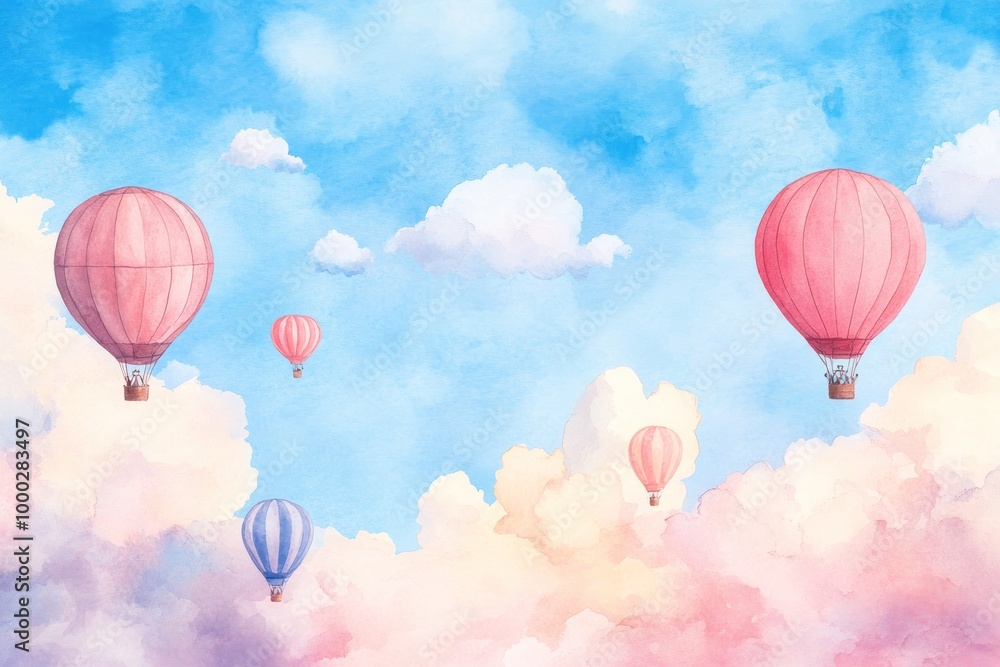 Watercolor painting of hot air balloons flying through a pastel sky with clouds Watercolor painting of hot air balloons flying through a pastel sky with clouds