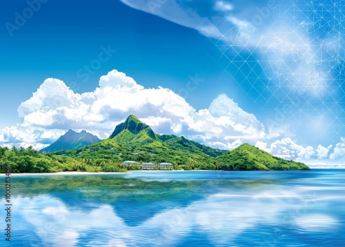 An abstract ocean background featuring geometric shapes, waves, and tides