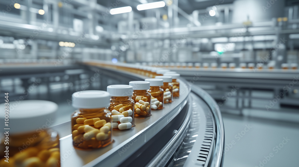 A production line conveyor belt showcases a stream of medicine vials moving through a modern pharmaceutical factory. The scene highlights the mass production process, emphasizing t A production line conveyor belt showcases a stream of medicine vials moving through a modern pharmaceutical factory. The scene highlights the mass production process, emphasizing t