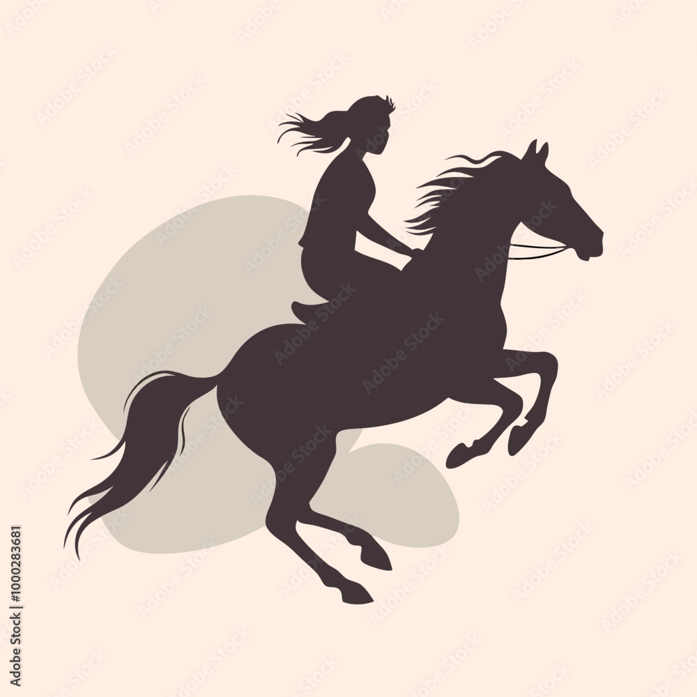 a horse and rider. The horse is rearing up on its hind legs, with its front legs stretched out and its tail flowing behind it. vector black silhouette a horse and rider. The horse is rearing up on its hind legs, with its front legs stretched out and its tail flowing behind it. vector black silhouette