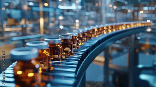 Wallpaper Mural A production line conveyor belt showcases a stream of medicine vials moving through a modern pharmaceutical factory. The scene highlights the mass production process, emphasizing t Torontodigital.ca