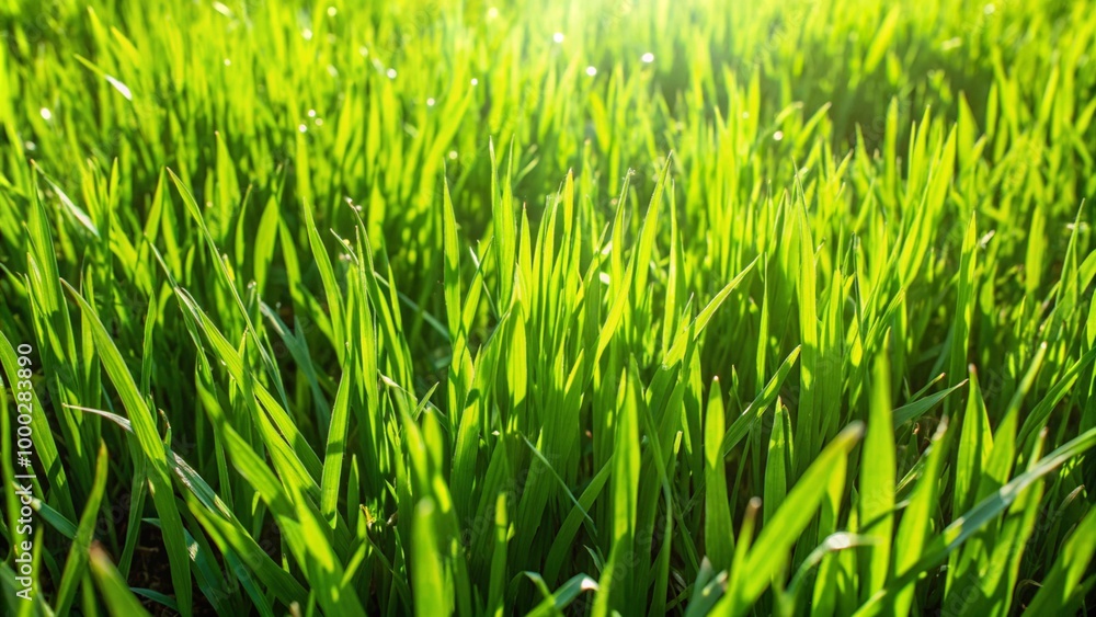 Close-up of lush green grass blades illuminated by the sun. Close-up of lush green grass blades illuminated by the sun.