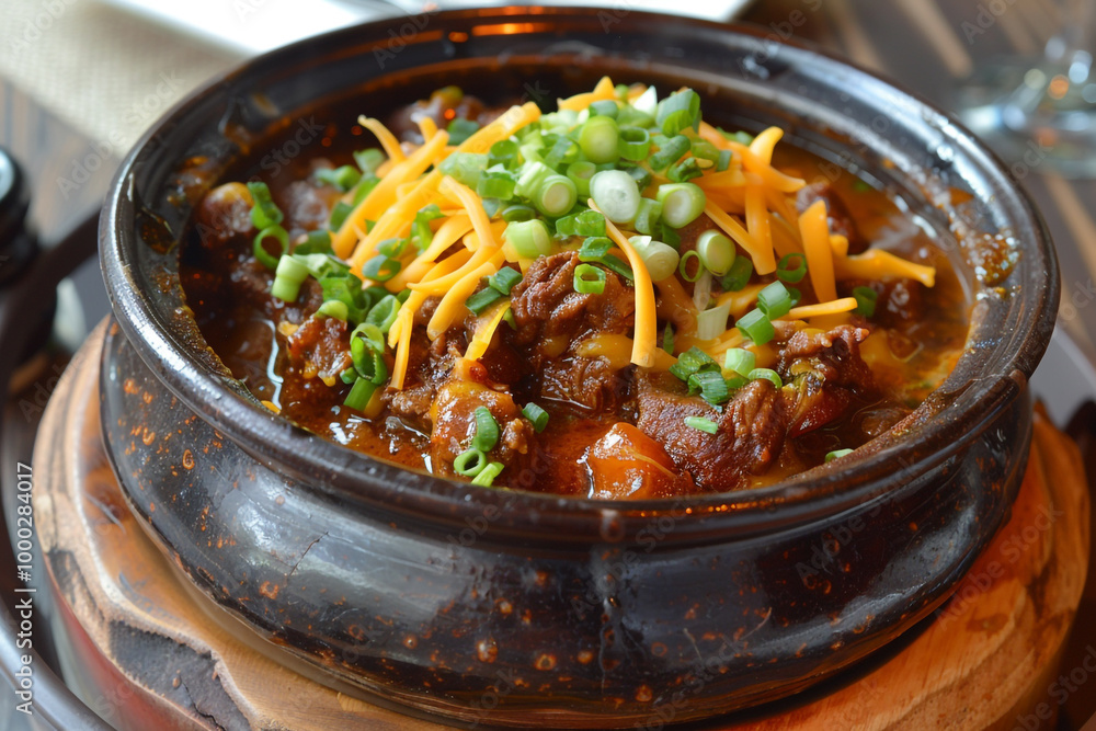 Chili Kobe beef simmered with imported beer topped with artisan cheddar a richly flavored masterpiece Chili Kobe beef simmered with imported beer topped with artisan cheddar a richly flavored masterpiece